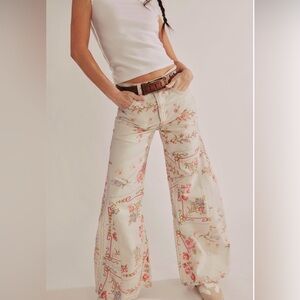 NWT We The Free Eden Printed High Slouchy Flare Jeans~Ivory Cross Stitch